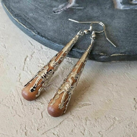 PinkDiva Jewelry - Victorian Filigree Capped Wood 68mm Long Teardrop Dangle Earrings Silver Tone